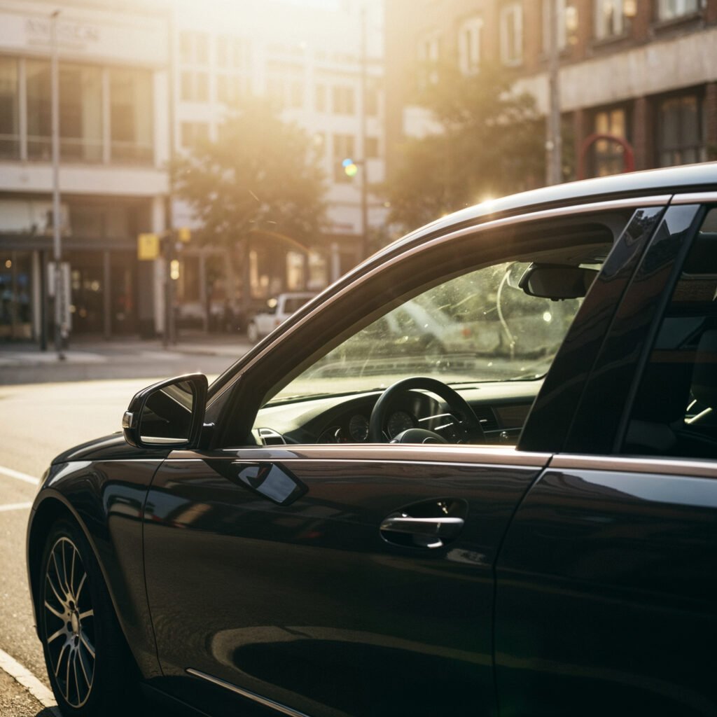 A Black Car Parked On A City Street In The Early Morning Sunlight, With Buildings And Trees In The Background And Light Reflecting Off The Car’s Window And Hood.