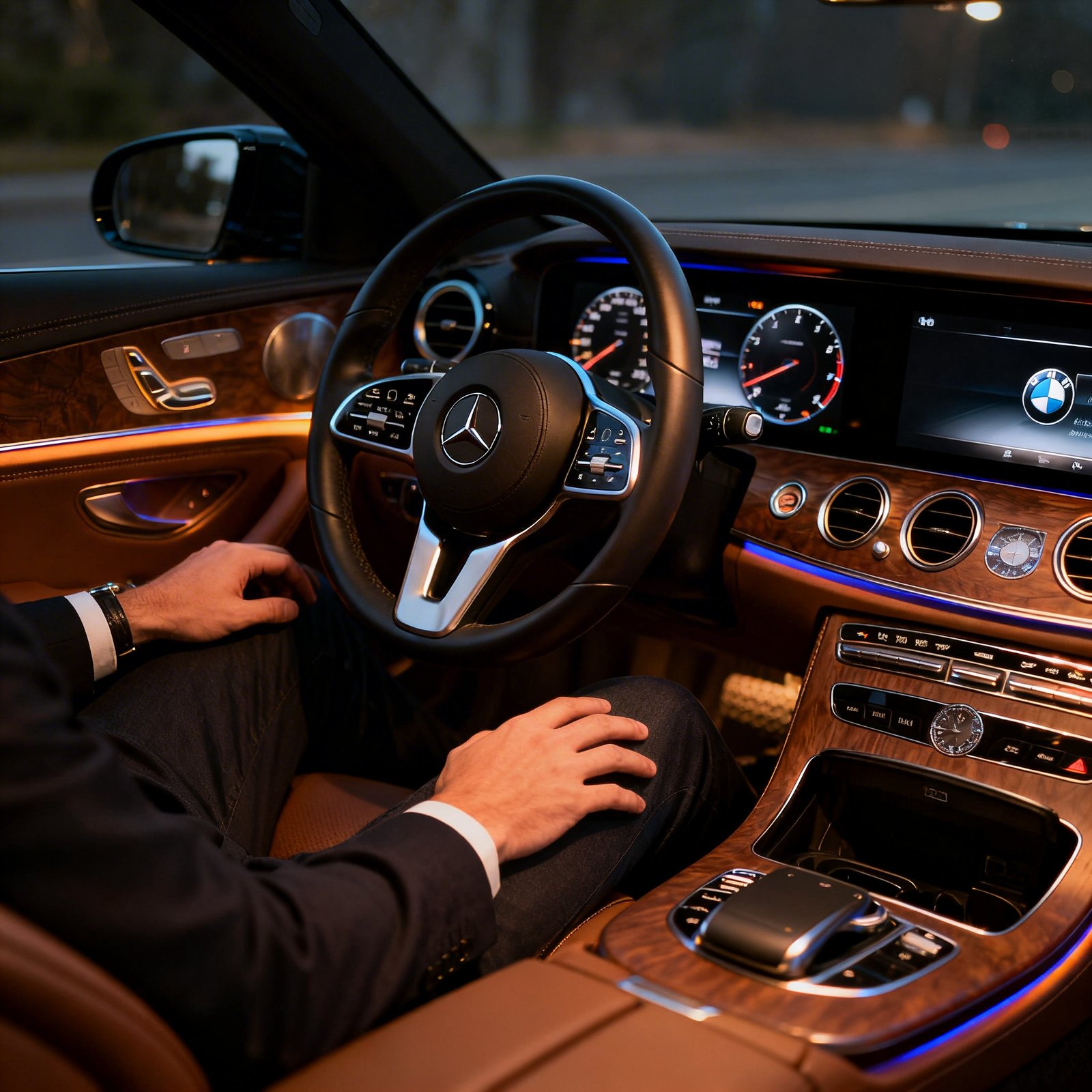 A Person In A Suit Sits In The Driver’s Seat Of A Luxury Car With A Wooden Dashboard And Ambient Lighting, Holding The Steering Wheel With A Mercedes Benz Logo.