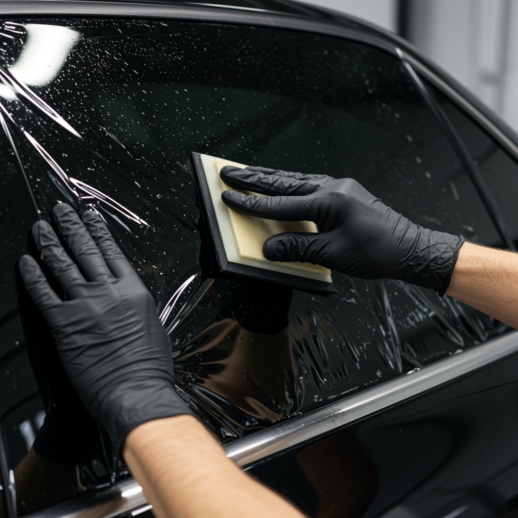 A Person Wearing Black Gloves Uses A Squeegee To Apply Or Smooth Window Tint Film On A Car Window, With Water Droplets Visible On The Glass.