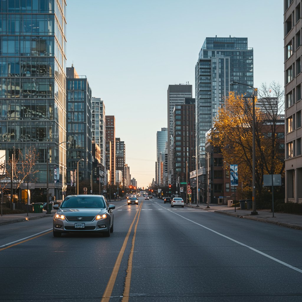 Car Driving On A Wide Urban Street In Mississauga Surrounded By Modern Buildings During Daylight, Showcasing City Environment For Professional Window Tinting Services