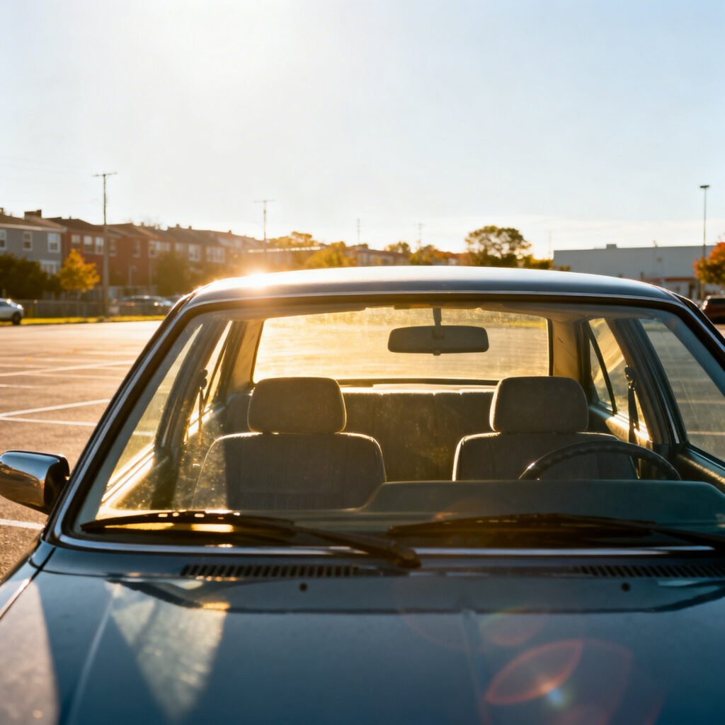 Window Tinting In Scarborough Car Parked Under Strong Sunlight With Bright Glare Entering Through Windows Highlighting Heat Buildup Inside Vehicle