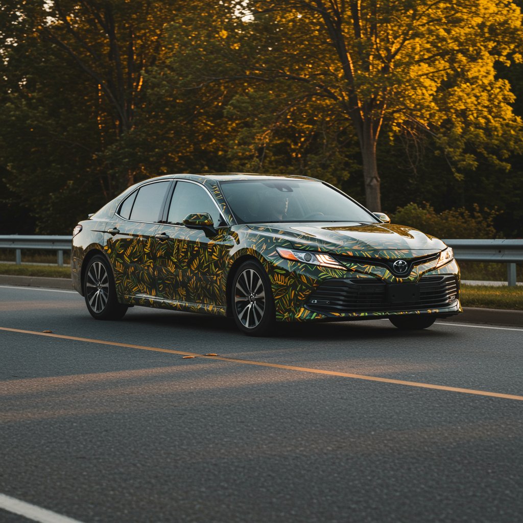 Vinyl Wrap In Scarborough Car With Custom Vinyl Wrap Driving On Road Showcasing Unique Design And Premium Vehicle Styling
