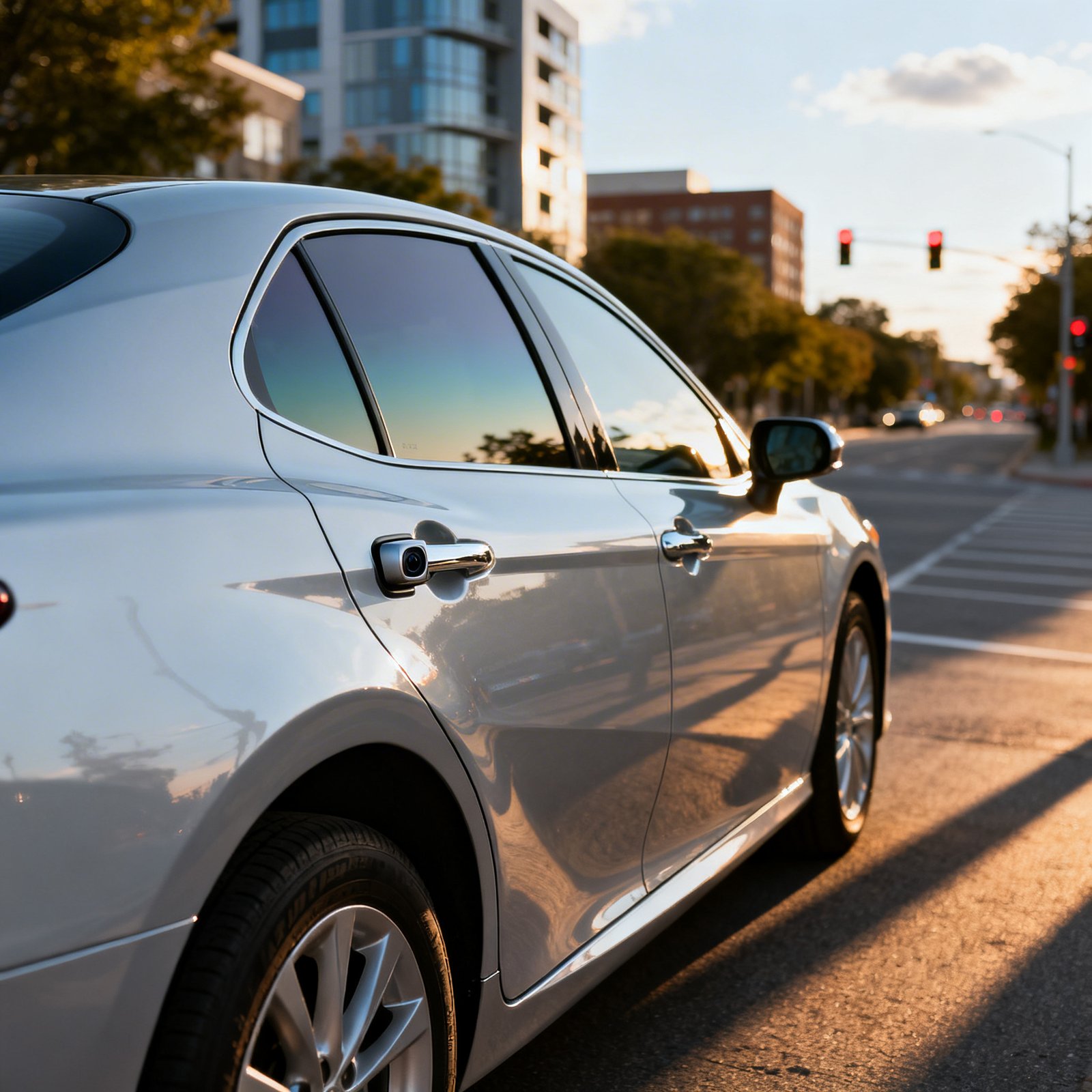 Window Tinting In Scarborough Car With Professionally Tinted Windows Parked On City Street During Sunset Showcasing Sleek And Modern Look