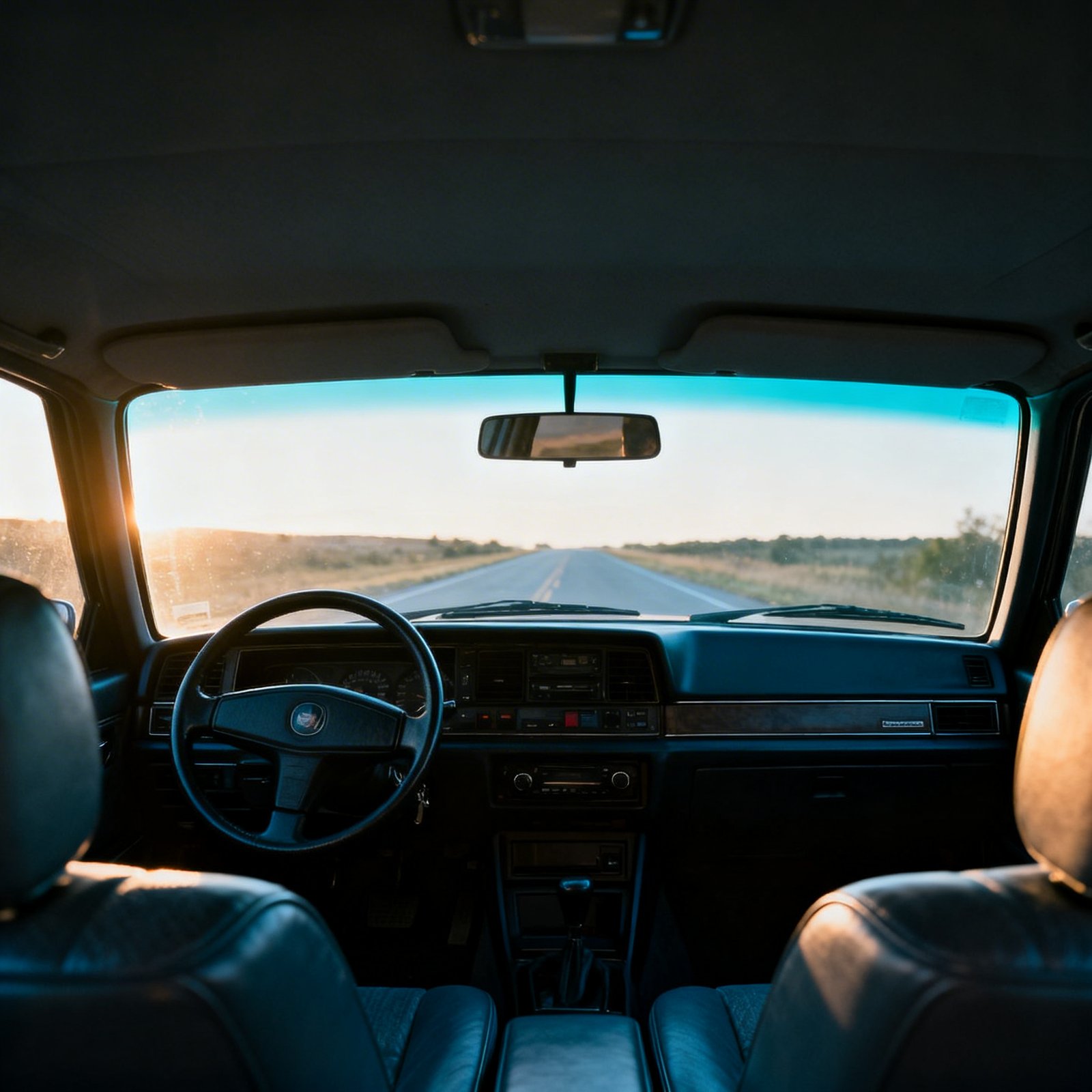 InstaTints car window tinting – interior view through a lightly tinted windshield showing a clear road ahead at sunset, highlighting improved glare reduction and visibility.