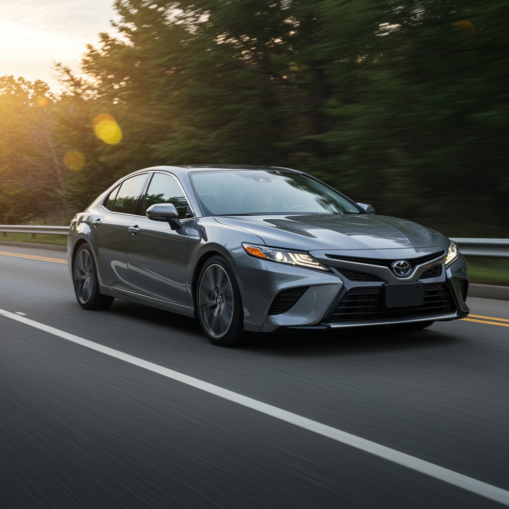 InstaTints window tinting – sleek gray sedan driving on a suburban road at sunset, showcasing a clean, stylish look with tinted windows