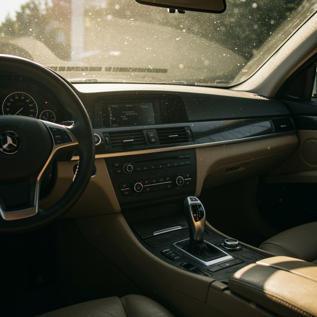 Sunlight Streams Through The Windshield Of A Luxury Car, Illuminating A Modern Dashboard, Digital Display, And Leather Seats. Dust Particles Are Visible In The Air