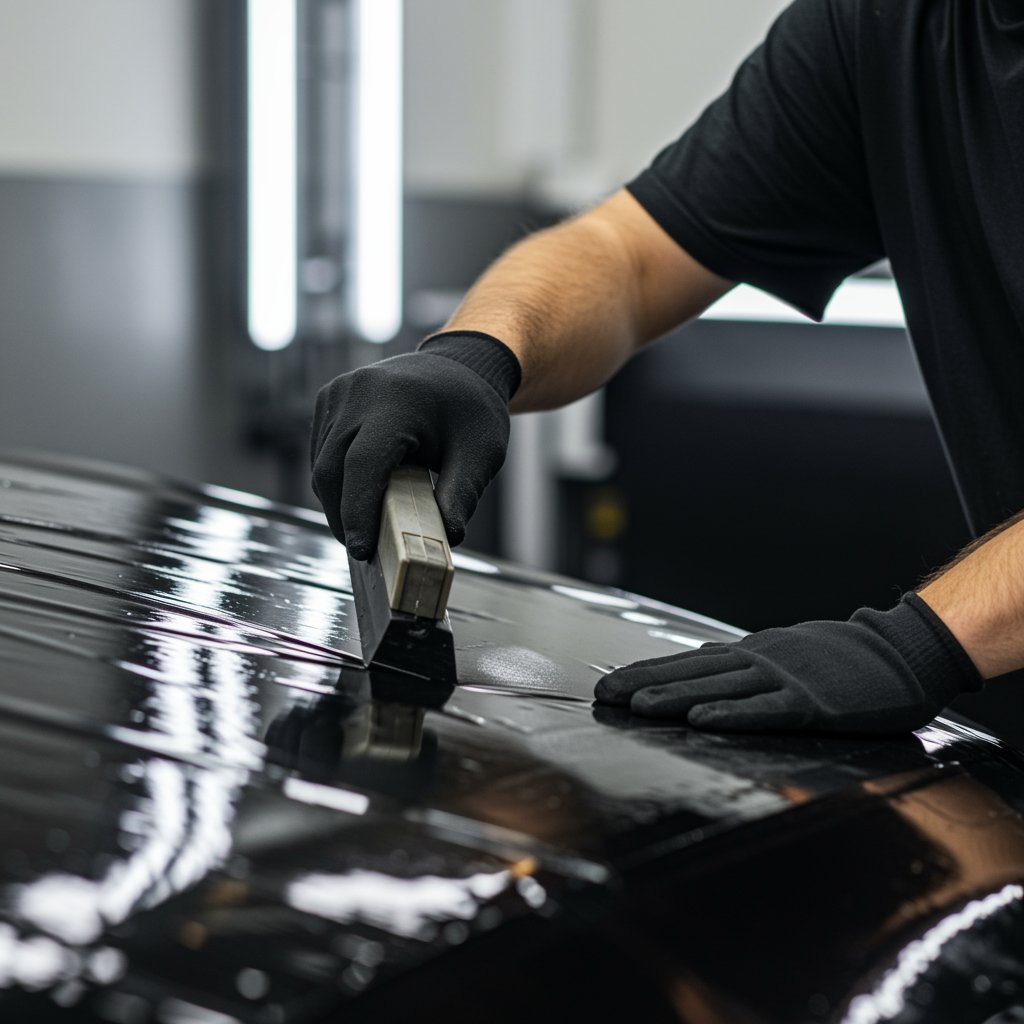Vinyl Wrap In Scarborough Technician Applying Vinyl Wrap Film On Car Surface With Precision Ensuring A Smooth And Bubble Free Finish