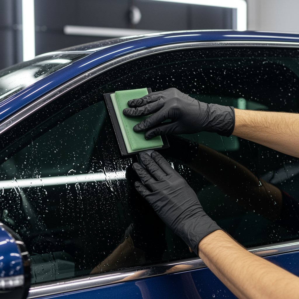 Window Tinting In Mississauga Technician Applying Window Tint Film On Car Glass Using Squeegee In A Professional Studio Setting