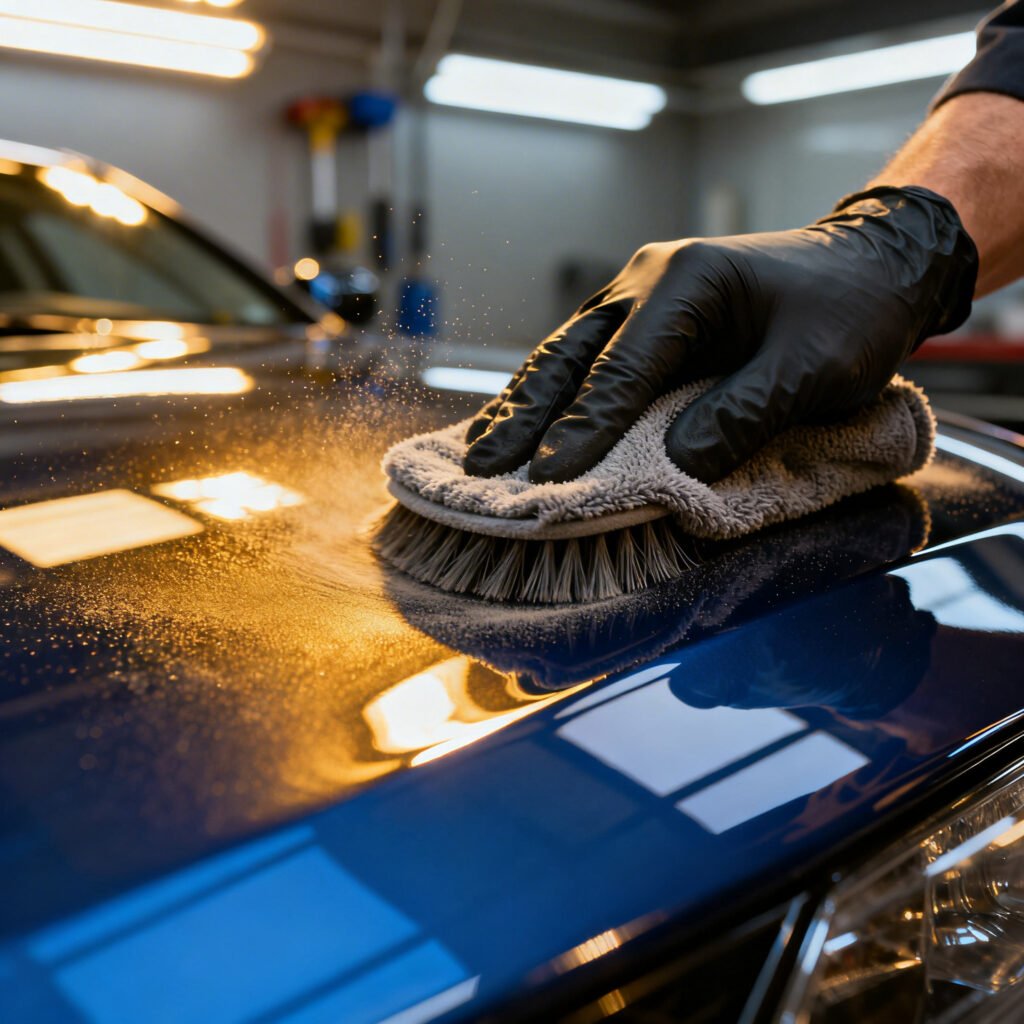 Vinyl Wrap In Scarborough Technician Cleaning And Polishing Car Surface To Prepare For Vinyl Wrap Installation In A Professional Studio