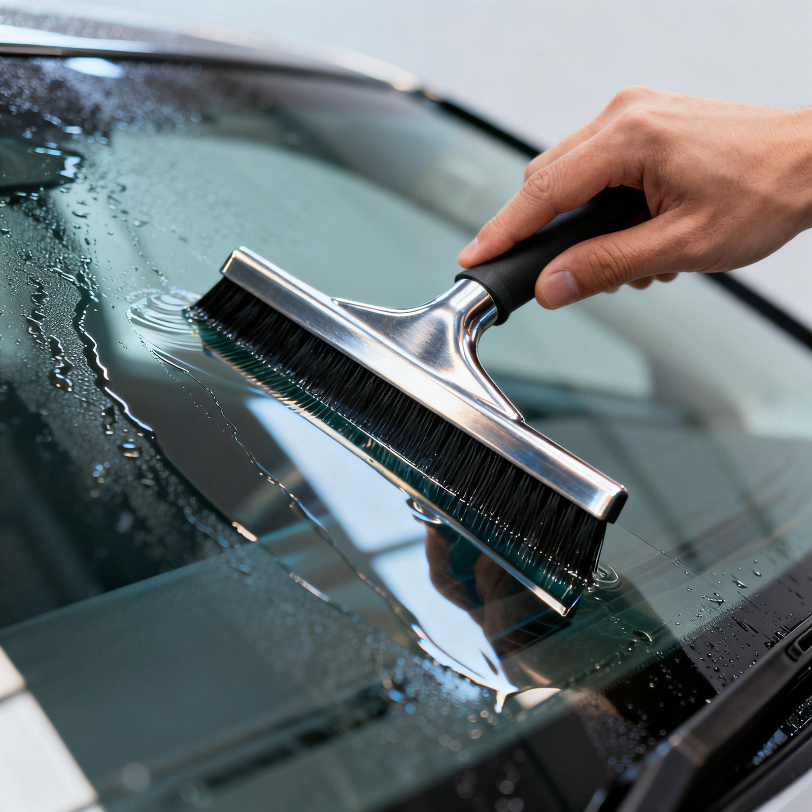 Window Tinting In Scarborough Technician Cleaning Car Windshield With Squeegee To Prepare Surface Before Window Tint Installation