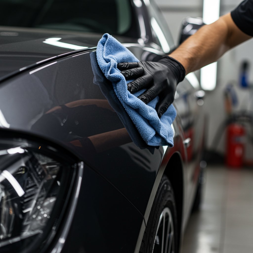 Vinyl Wrap In Scarborough Technician Wiping Car Surface With Microfiber Cloth To Prepare For Vinyl Wrap Installation