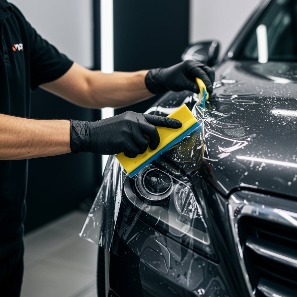 Paint Protection Film In Hamilton Paint Protection Film Installation On Car In Workshop Ensuring Precise And Bubble Free Application