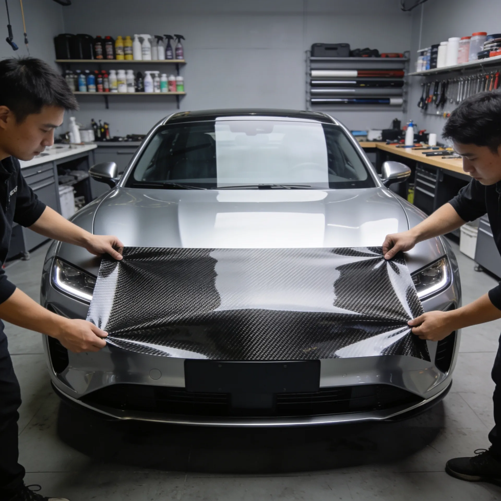 Experienced car wrapping specialists inspecting a freshly installed vinyl wrap in a modern automotive workshop in London, Ontario.