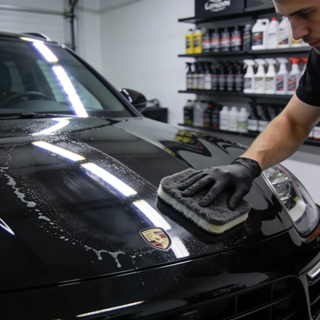 Experts inspecting a freshly ceramic-coated car with a high-gloss finish in a professional detailing workshop in London, Ontario.