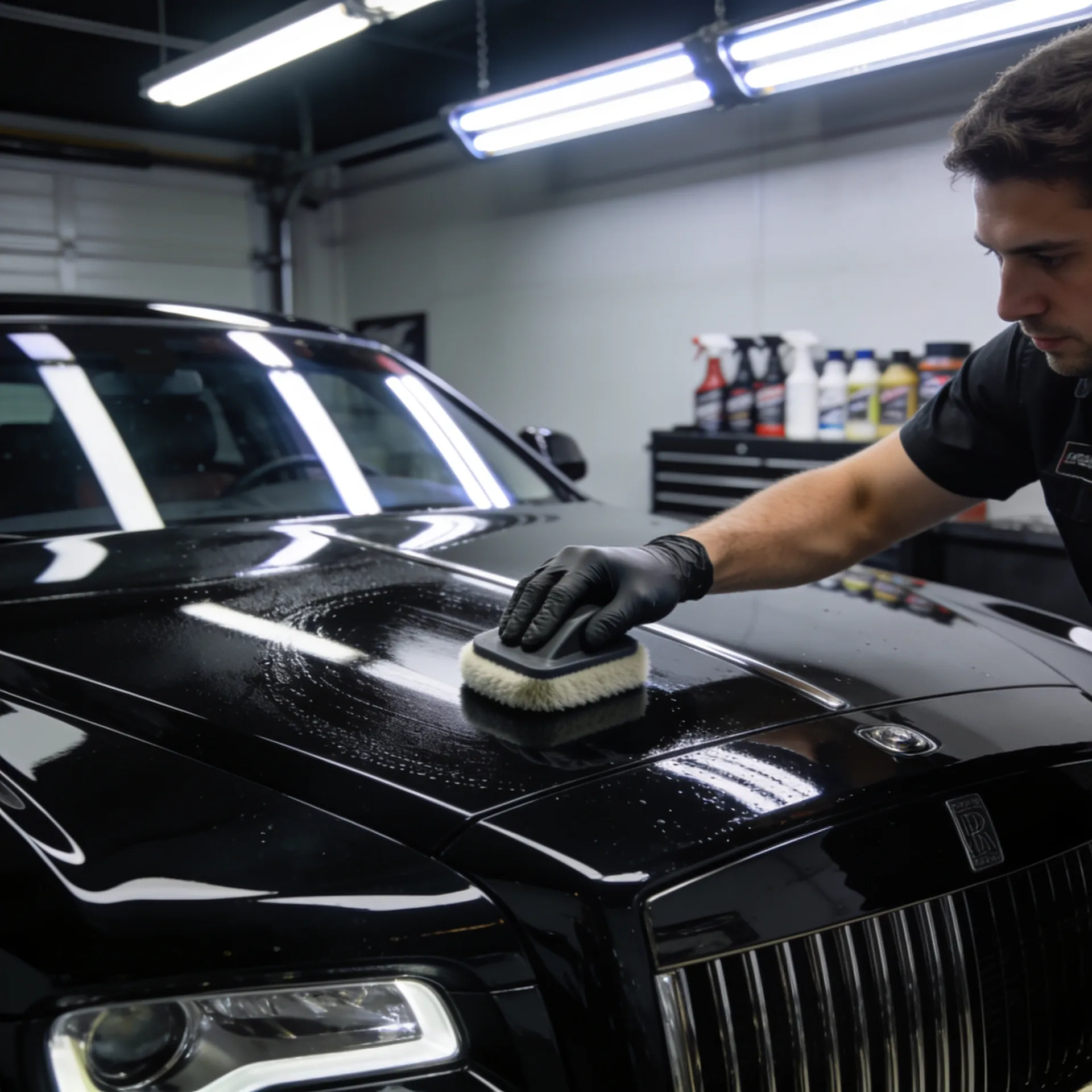 Professional technician applying ceramic coating to a luxury car in a detailing studio in London, Ontario.