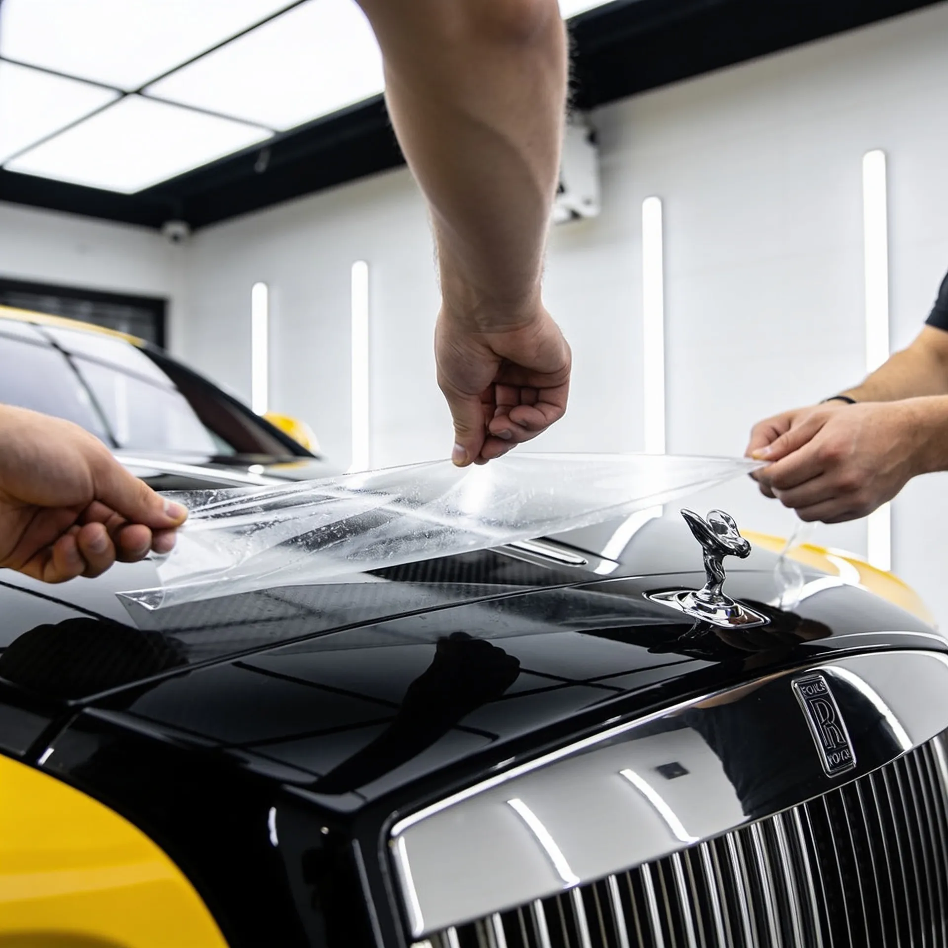 Professional technician installing paint protection film on a luxury vehicle in London, Ontario.