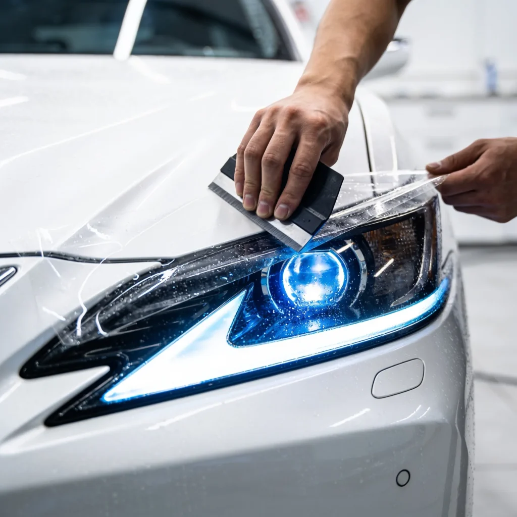 Expert applying transparent paint protection film to a car for long-lasting paint protection in London, Ontario.