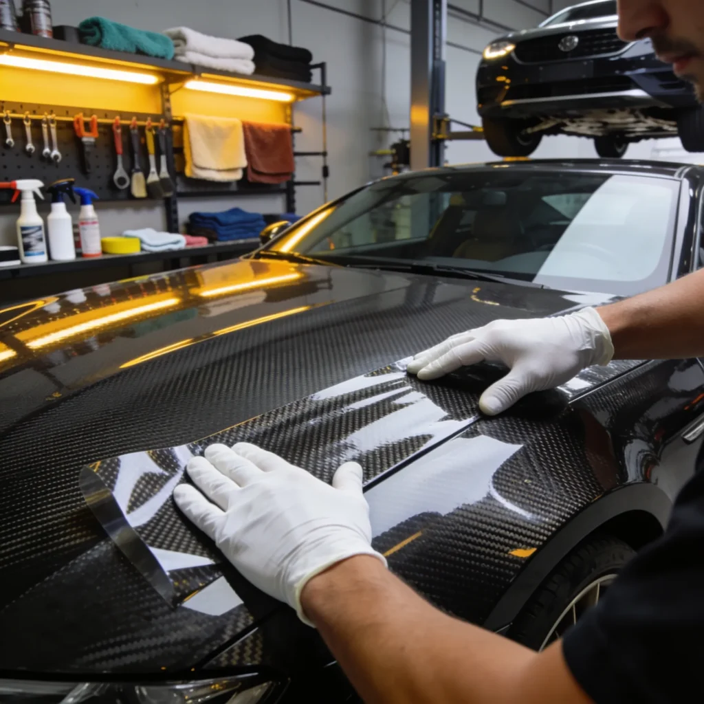 Professional technicians installing a premium vinyl wrap on a luxury car at a vehicle wrapping studio in London, Ontario.